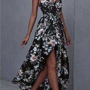 SHEIN Black Floral Wrap Maxi Dress High Low Hem Spaghetti Strap Size L